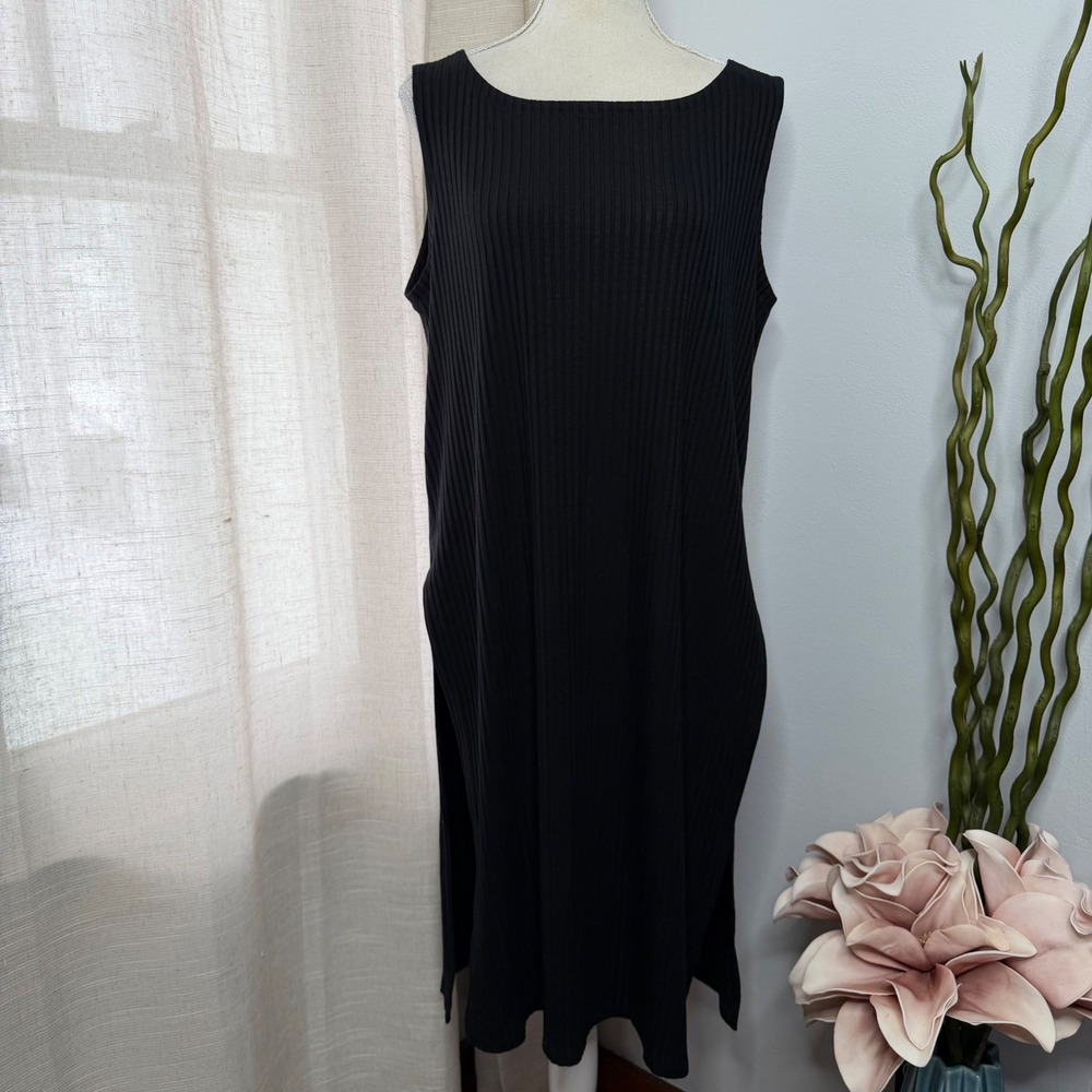 Eileen Fisher Ribbed Knit Sleeveless Side Slit Tunic Top Women's Medium Black